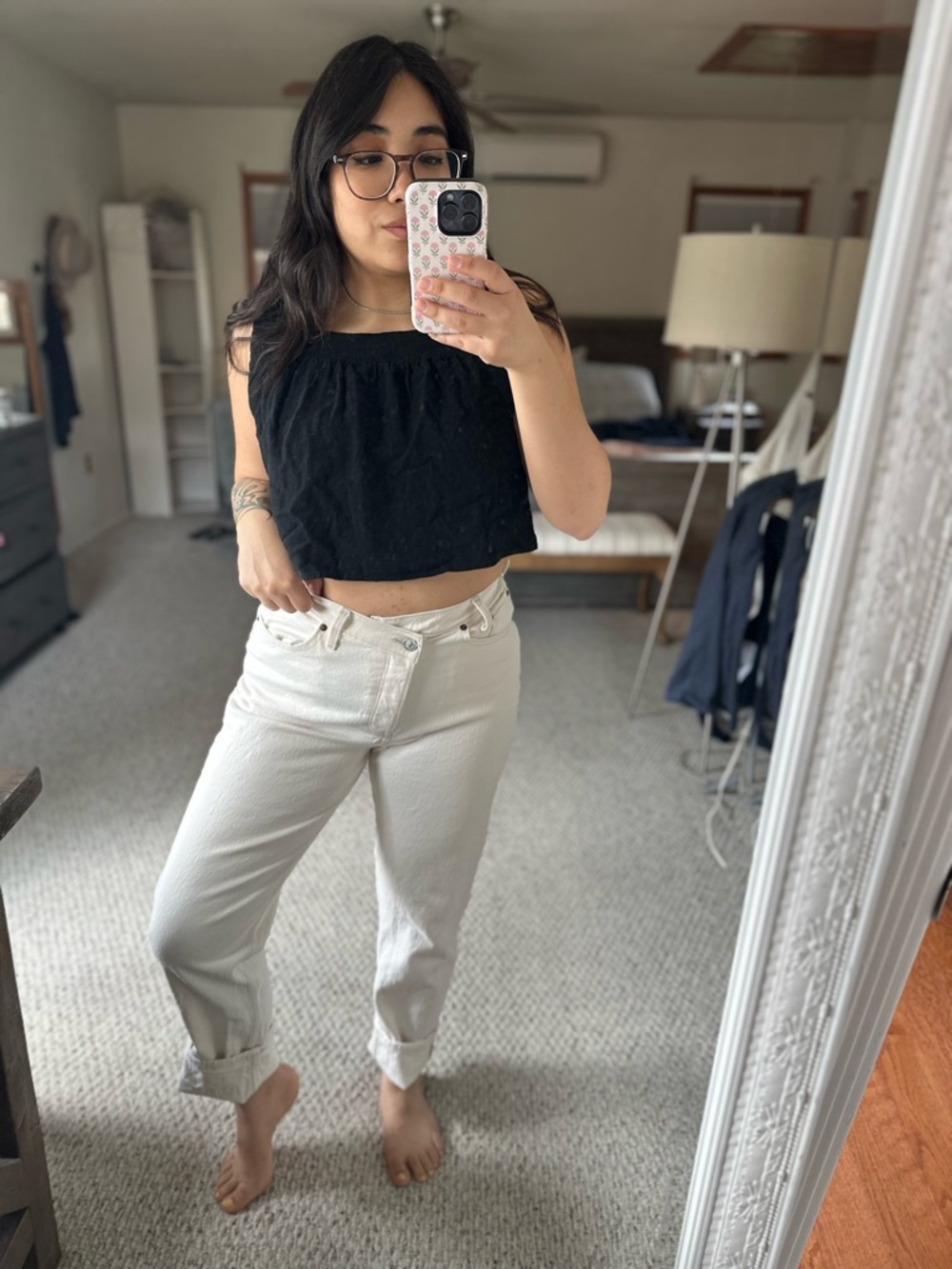 Black Square Neck Cropped Tank Top - Linen - Picture 3 of 3
